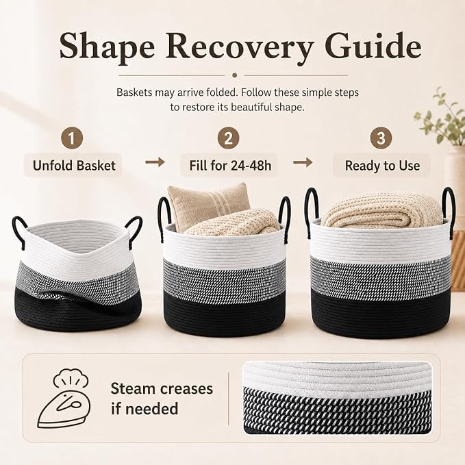 JMvicyroam 115L Extra Large Blanket Basket for Living Room - Woven Cotton Rope Laundry Hamper with Reinforced Handles - Storage Bin for Pillows, Comforters & Toys - Machine Washable,White&Black Mix