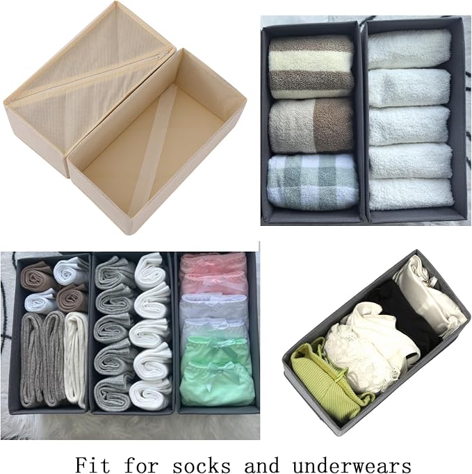 Bructhun Sock Drawer Organizer 3 Pack - Collapsible Fabric Storage Bins for Underwear Divider, Small Closet Organizers with 3 Compartments, Beige