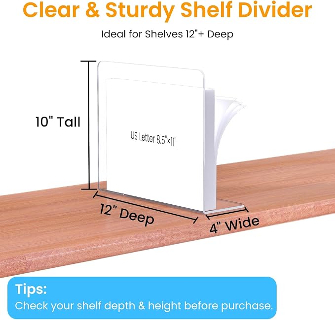 Shelf Dividers for Closet Organization – Acrylic Clear Sturdy Dividers to Keep Clothes, Sweaters & Purses Upright, Free-Standing for Wood Shelves, 10" Tall x 12" Deep, 10 Pack
