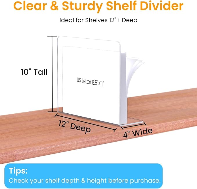 Shelf Dividers for Closet Organization – Acrylic Clear Sturdy Dividers to Keep Clothes, Sweaters & Purses Upright, Free-Standing for Wood Shelves, 10" Tall x 12" Deep, 12 Pack