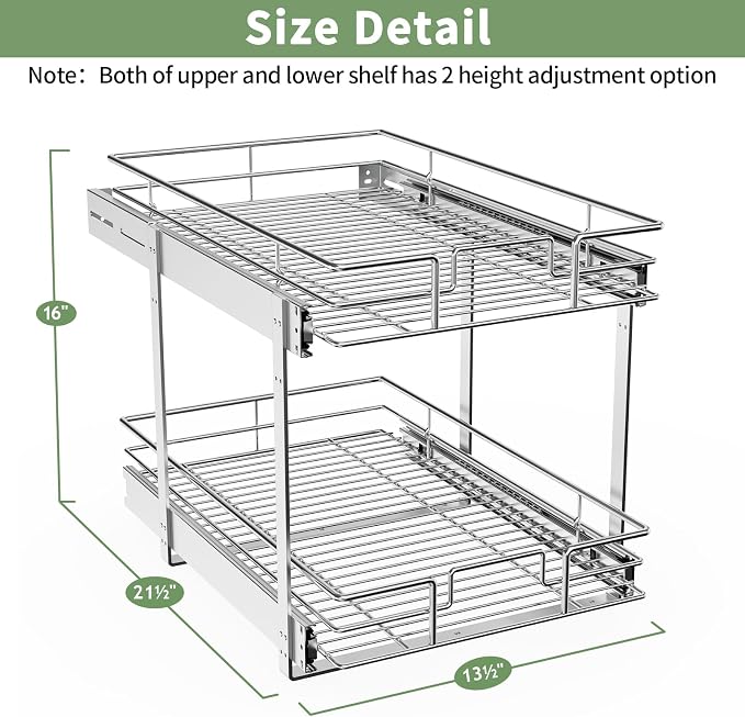 ROOMTEC Pull Out Cabinet Organizer (13½"W x 21½"D),2 Tier Pull Out Storage Shelf Drawer Basket,Sliding Shelves for Base Cabinet Organization in Kitchen, Bathroom, Pantry