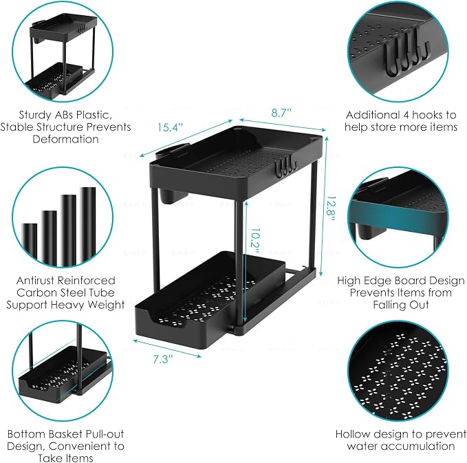 2 Pack Under Sink Organizer with Sliding Basket - 2 Tier Metal Cabinet Storage Shelf for Bathroom, Kitchen Sink - Adjustable Shelves, Space Saver,Black