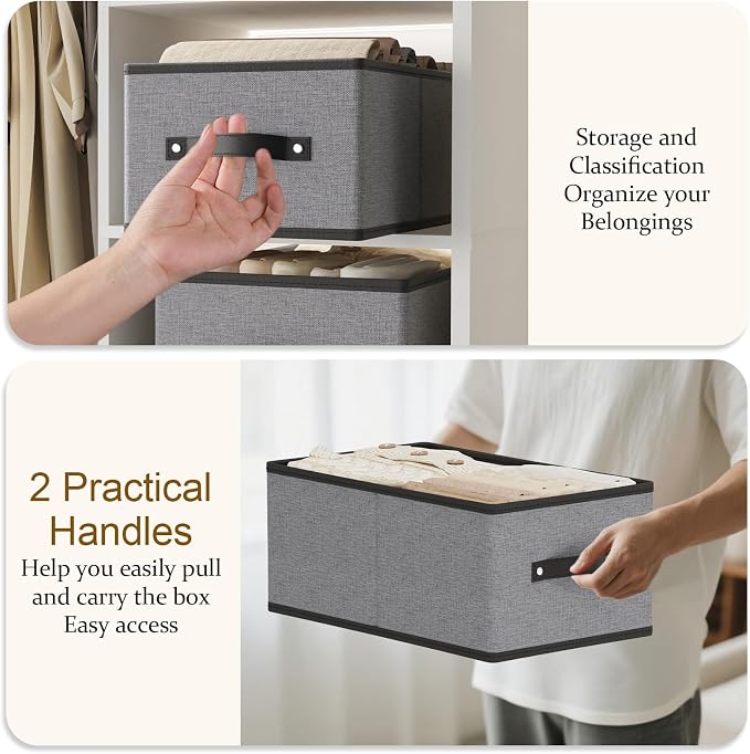 Storage Baskets with Handles,16.1×9.8×6.5In,Gray Boxes,2Pack | Open Storage Bins for Shelves,Foldable Clothing Drawer Organizer,Closet Containers for Home,Office,Large Fabric Cubes