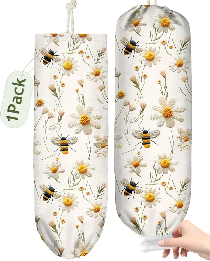 Plastic Bag Holder Organizer - 1 Pack Reusable Canvas Grocery Bags Holder Hanging Wall Cute Aesthetic Shopping Bag Storage Dispenser with Drawstring Closure for Kitchen Home, Flower Bee