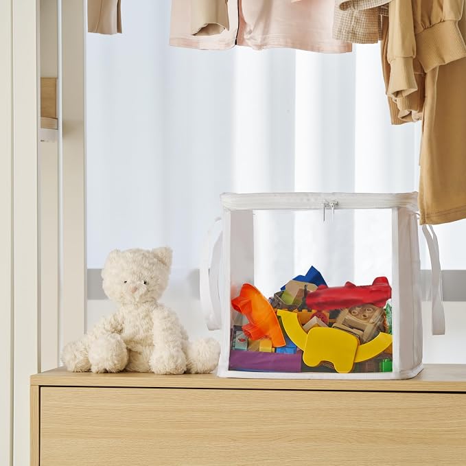 holay 2 Pack Foldable PVC Storage Bins with Transparent Lid & Handles, Large 12-Inch Cube Organizer Boxes for Clothes, Toys & Books (White, Large)