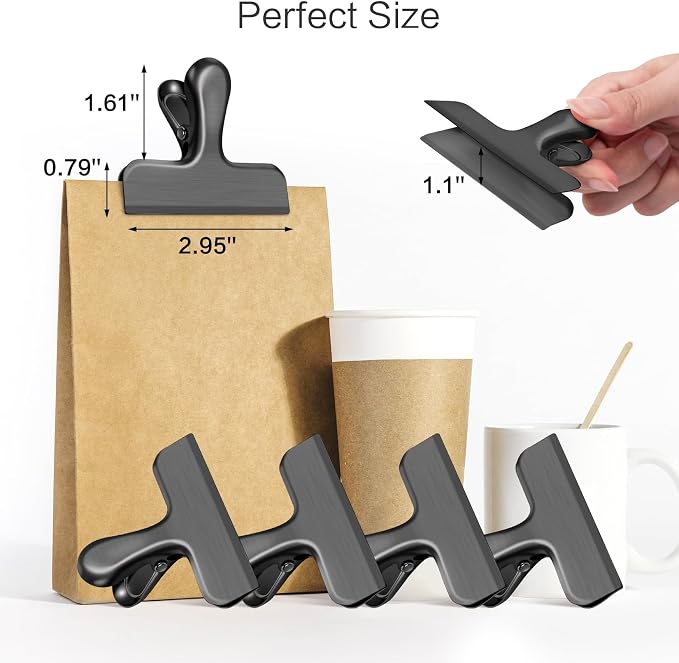 24 Pack Chip Clips, Stainless Steel Bag Clips for Food, Chip Bag Clip Heavy Duty, Food Clip Ideal for Kitchen Office Storage (Black)