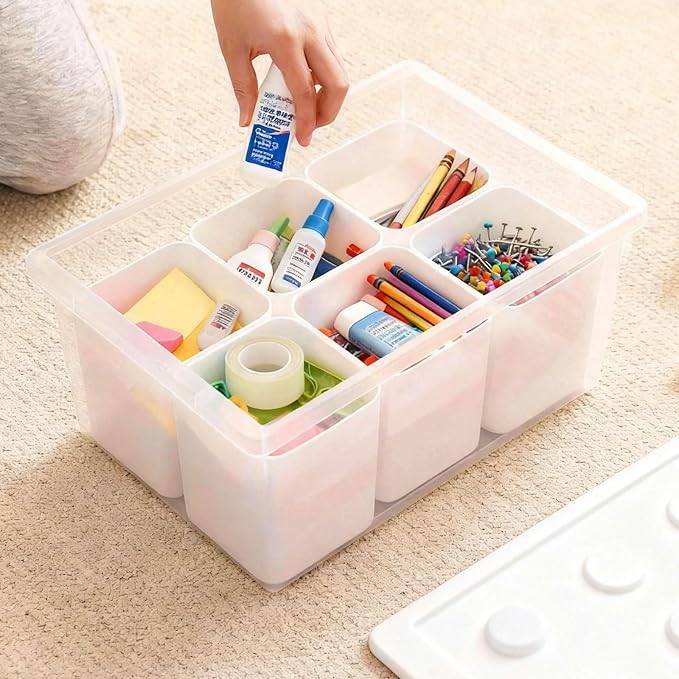 Plastic Storage Bins with Lids, Art Craft Supply Organizer Box with Brush Pot, Multipurpose Stackable Storage Containers for Organizing Tool, Craft, Crayon,Sewing(White)