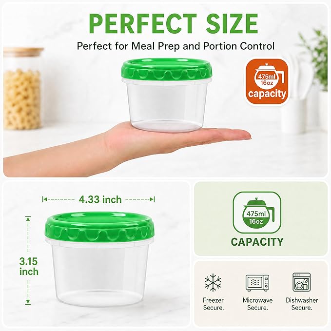EONJOE 16oz Plastic Freezer Food Soup Containers with Lids, 2 Cup, 6pcs | Airtight & BPA-free for fresh food. Dishwasher/freezer safe, perfect for soup meal prep, portion control,snacks on-the-go