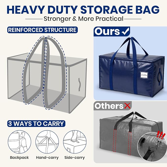 Velway Pack of 2 95L Storage Bags, Heavy-Duty Christmas Warehouse, Blue, Moving Boxes, Large, Foldable with Zip Handle, Waterproof Storage Bag for Moving Bedding, Clothing, Storage