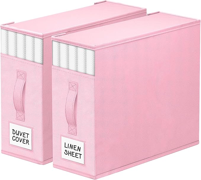 StorageTastic 2 Pack Bed Sheet Closet Organizers and Storage,Sturdy Foldable Storage Containers with Window and Label,Storage and Organization for Bedding Sheets,Duvet Covers,Blankets (Pink)