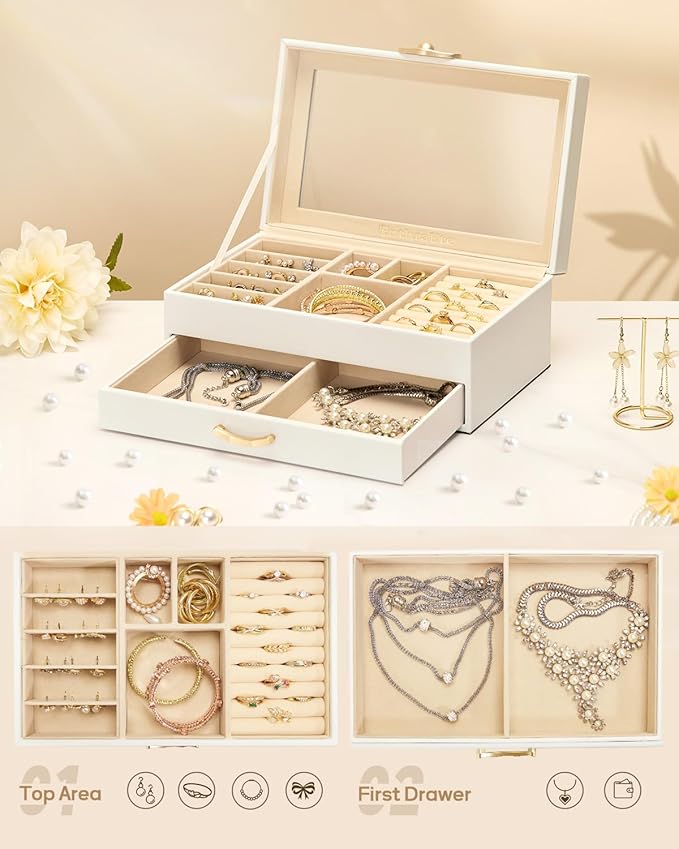 Enthralite Jewelry Box with 1 Drawers : Jewelry Display Organizer for Earrings Necklaces - Gift for Girls Women | White