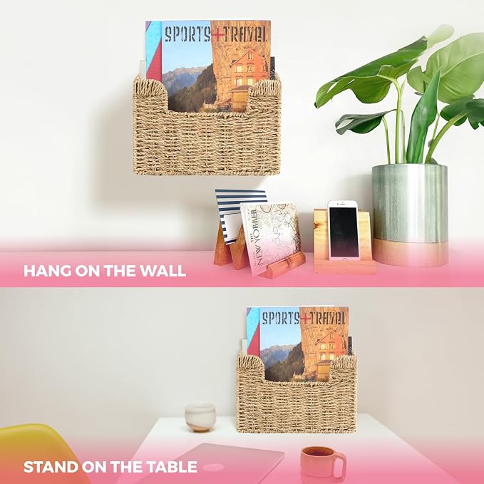 Handwoven Seagrass Wall Magazine Holder - Natural Hanging Organizer for Mail, Newspapers & Magazines, Books & Files - Decorative Boho Storage Basket for Entryway, Bathroom, Living Room, Office.