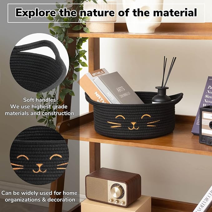 Small Storage Basket, Black Cute Pet Toy Storage for Cats, Dogs, Decorative Rope Bin for Organizing, Empty Gift Basket for Baby, Black, 9.8 x 4 inches