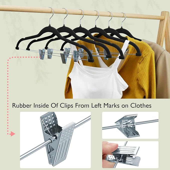 ManGotree Pants Hangers with Movable Clips, Non-Slip Velvet Skirt Hangers, Space-Saving Clothes Hangers for Pants, Skirts, Shirts, Coats, Dresses (32 Pack, Black)