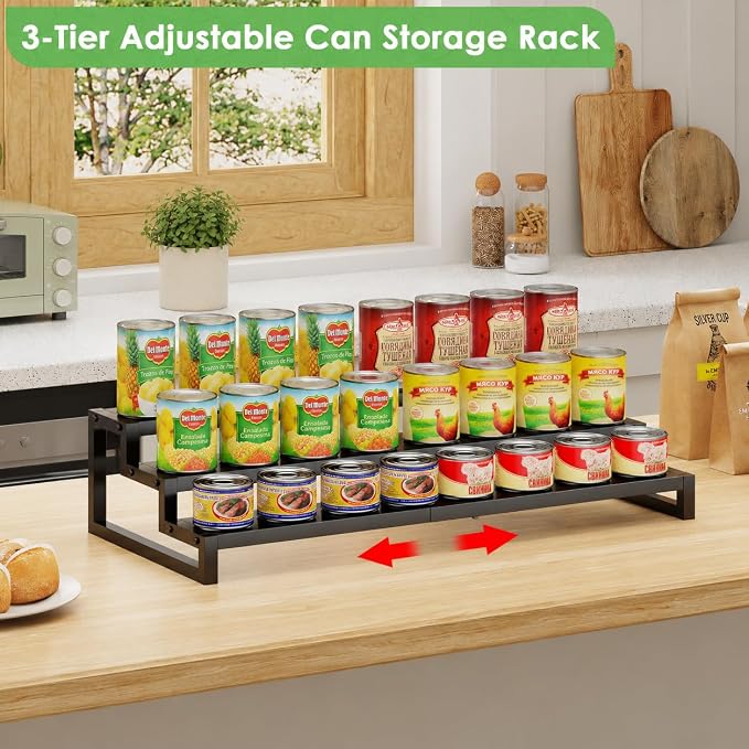 Dmevkic 3-Tier Expandable Can Organizer for Pantry,Adjustable 15''-25'' Metal Can Organizer Holds Up to 24 Cans,Can Holder for Pantry Kitchen Cabinet Countertop,Black