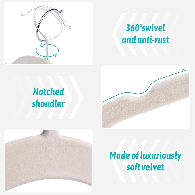 Sishynio Velvet Hangers 100 Pack, Slim Non Slip Clothes Hangers for Closet Organization, Flocked Felt Shirt Hangers with 360° Swivel Hooks, Space Saving Hangers for Dresses, Blouses, Pants(Beige)