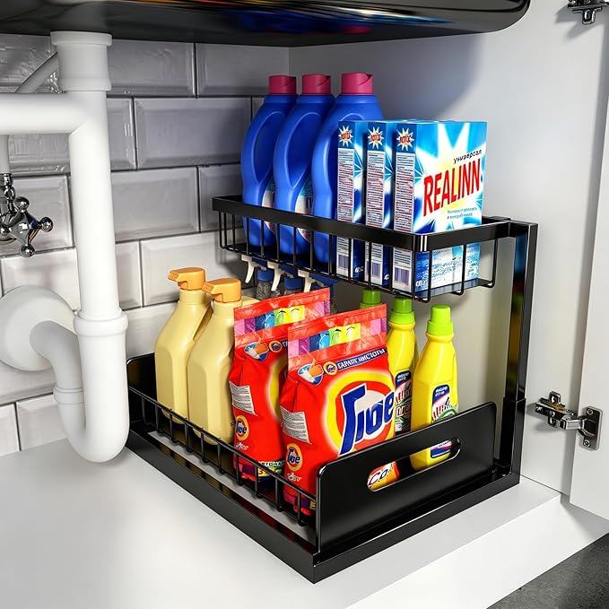 REALINN Under Sink Organizer, Pull Out Cabinet Organizer, 2 Tier Metal Slide Out Shelf with L Shaped Design for Kitchen, Bathroom, Laundry, and Utility Cabinet Storage for Deep Cabinets, Black, 1 Pack