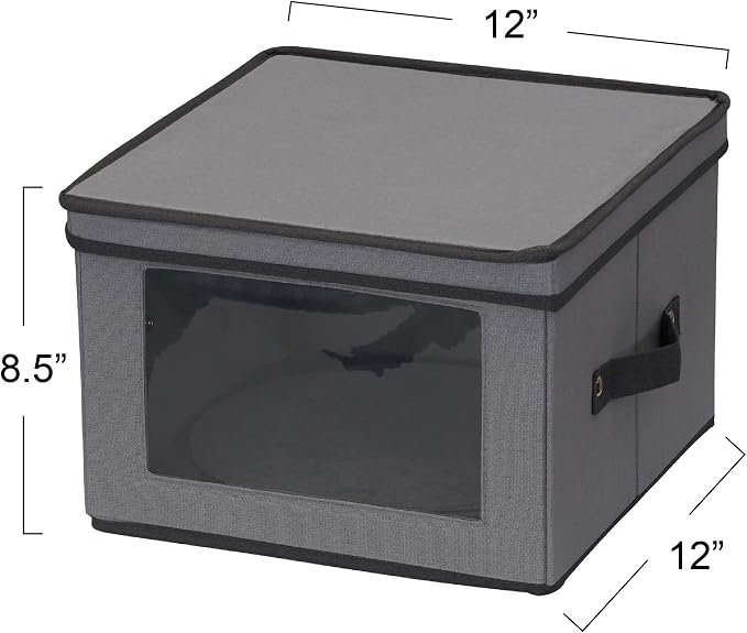 Household Essentials Dinner Plate Storage Box, Strong Frame and Handles, Windowed Panel, Fully Removable Lid, Stackable and Foldable, Perfect for Preserving Your Dinnerware, Gray