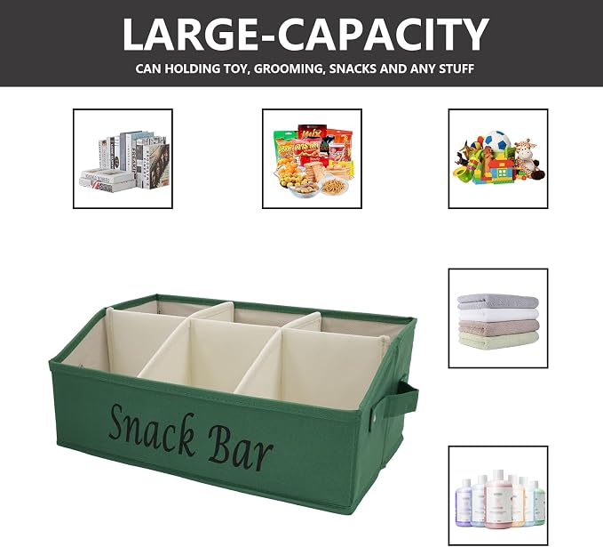 Snack Organizer for Countertop, Fabric Snack Bar Station with Handles, 6 Compartment Container, Kitchen Pantry Storage and Organizer, Green