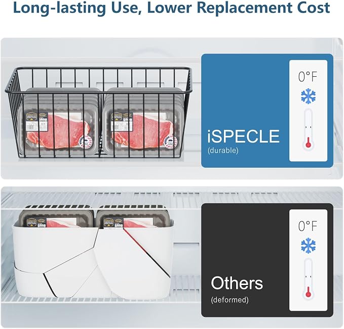 iSPECLE Freezer Organizer Bins - 4 Pack Upright Freezer Baskets for 17/21 Cu.Ft Stand up Freezer, Wire Storage for Reach-in Freezer, Slide-Out Access, Prevents Items Falling, 2 Large 2 Medium, Black