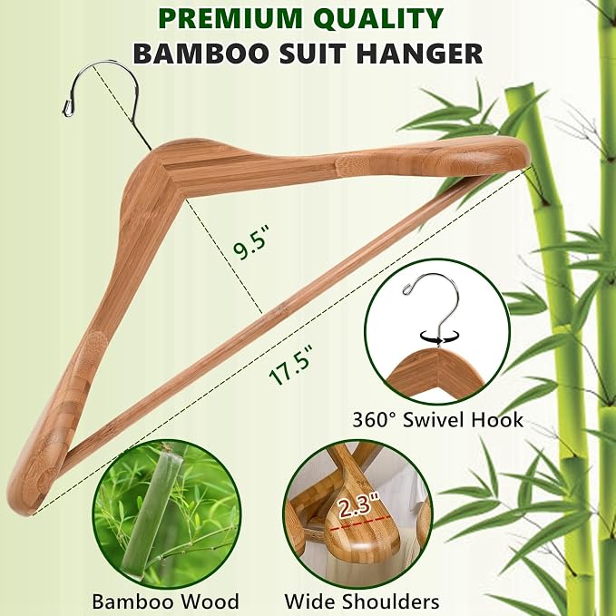 Amber Home 6 Pack Wide Shoulder Bamboo Wood Suit Hangers | Bamboo Wooden Coat Hangers with Non Slip Pants Bar, Clothes Hangers for Jackets, Sweaters, Pants & Heavy Clothes