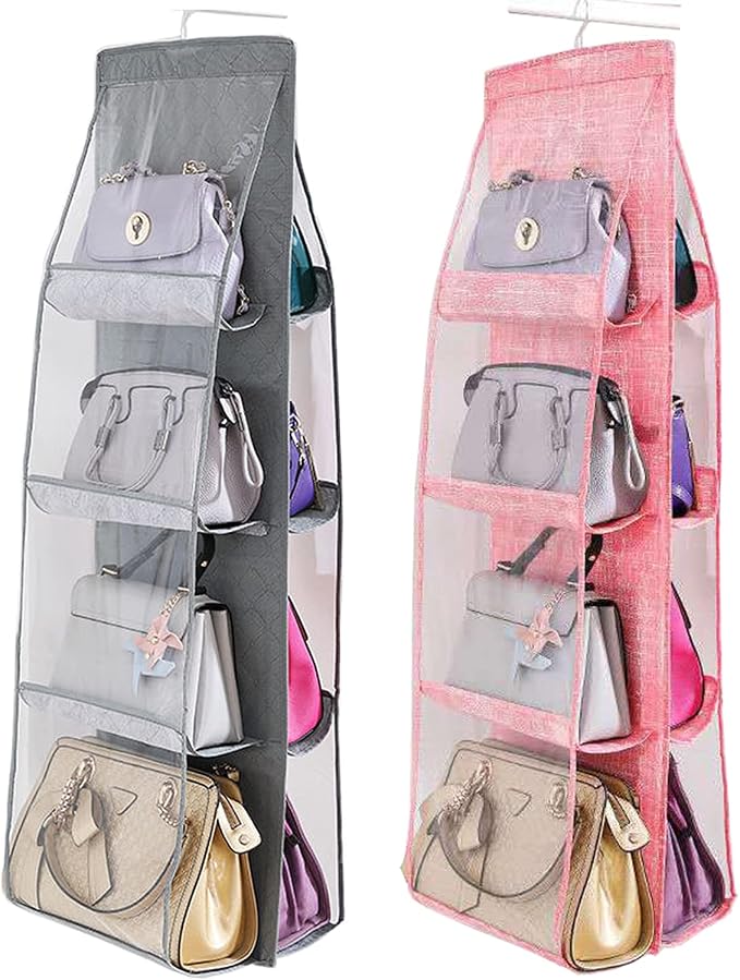 AARAINBOW 2 Packs Hanging Handbag Purse Organizer for Closet, Womens Purse Storage Organizers, Hand Bag Organizer Holder 8 Pockets Space Saving, 46 L x 13.8W (C-Gray Pink)