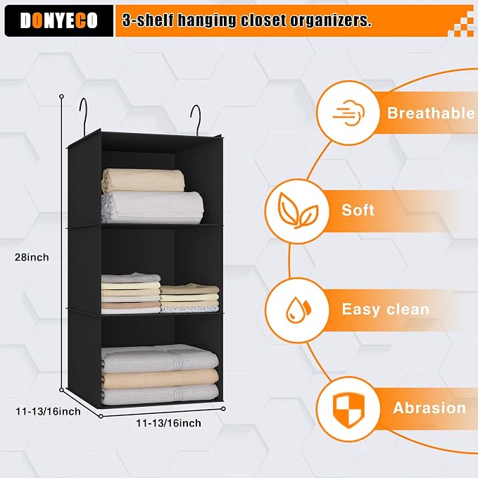 Hanging Closet Organizer 3-Shelf, Oxford Fabric Wardrobe Storage, Black | Easy-mount foldable design holds clothes, handbags, shoes & accessories; washable Oxford fabric, sturdy and space-saving.