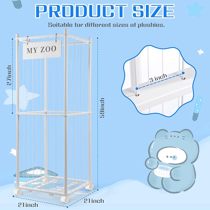 GLDZI Stuffed Animal Storage Zoo with Wheels, Wooden Stuffed Animal Organizer with Elastic Cords, Space Saving Toy Plushies Storage Holder for Playroom, Bedroom, Living Room(White, Large)
