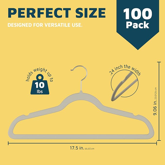 Lifemaster Velvet Non-Slip Hangers-100 Pieces Non-Slip Coat Hanger Set with 360° Swivel Hook,Space-Saving,Sleek Design,Keep Closet Organized,Smooth Velvet Finish,Lightweight Construction-Ivory