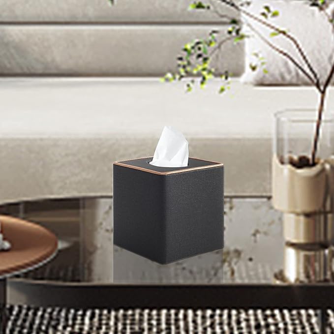 Tissue Box Cover Square Tissue Box Holder PU Leather Facial Organizer with Magnetic Bottom,Decorative Napkin Caddy for Vanity Dresser Night Stand Table Countertop Home Office Car,Black