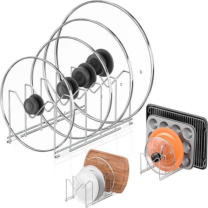 HzTinT 3 Pack Pot Lid Organizer for Cabinet, Stainless Steel Pot Lid Rack with Anti-slip Pad, Lid Holder for Pans Pots, Bakeware, Plates, Cookie Sheets, Trays, Dish, Cutting Boards, Silver