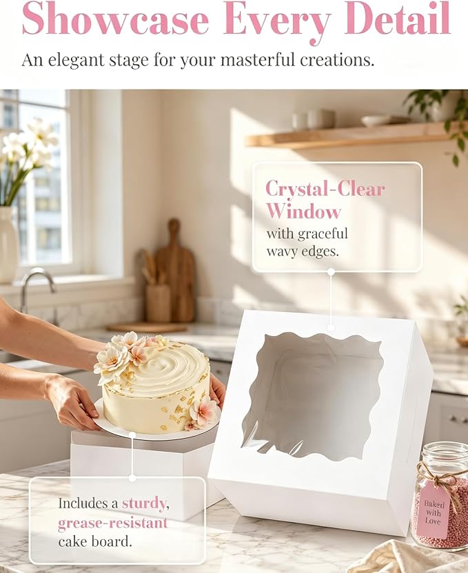 qiqee White 6"x6"x5" Cake Box 36Pcs, 6" White Cake Round Boards 36Pcs, for Cake, Treat Cookie Dessert, Birthday Party