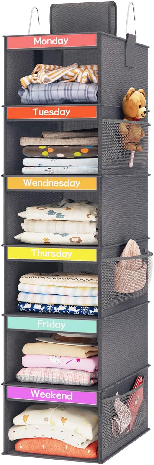 Weekly Kids Clothes Organizer 6-Shelf Hanging Closet Storage Dark Grey