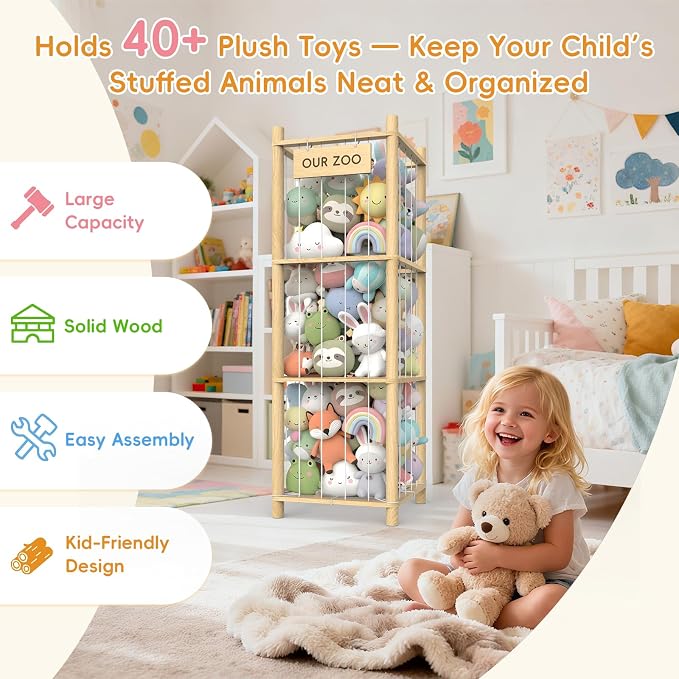 Stuffed Animal Storage Organizer, 53.5" Solid Wood Zoo Toy Holder for Kids Bedroom, Nursery & Playroom, Large Plush Toy Storage Holder, Holds 40 Plush Stuffed Animals, No-Tool Easy Assembly