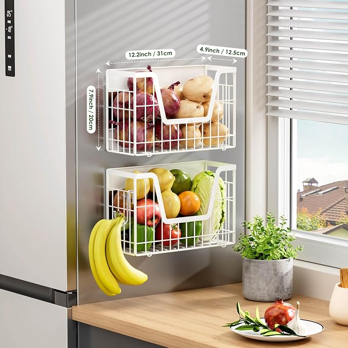 4 Pack Magnetic Shelves For Fridge, White Potato Onion Storage Bin | Magnetic Fruit Basket for Fridge Organizers and Storage, Veggie Onion Potato Wire Storage Basket for Kitchen, Pantry Laundry