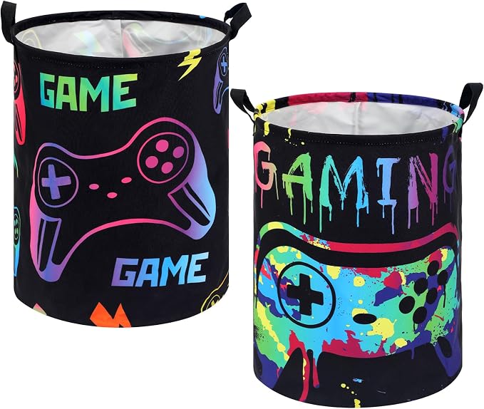 Zhehao 2 Pcs Gamer Laundry Basket Boys Kids Laundry Hamper Gamer Room Decor Gaming Storage Basket Hamper Clothes Organizer Nursery Toy Storage Bin for Gifts Bedroom Bathroom Decoration(Fresh)