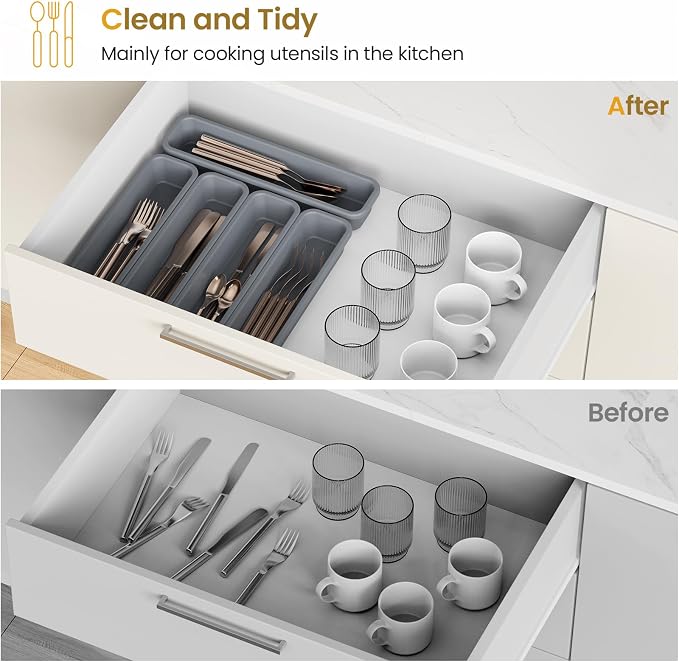 5 Pack Silicone Drawer Organizer for Kitchen, DIY Free Combination Silverware Organizer, Utensil Drawer Organizer, Moisture-proof and Heat-resistant up to 200°C, Anti-slip Design (Grey)