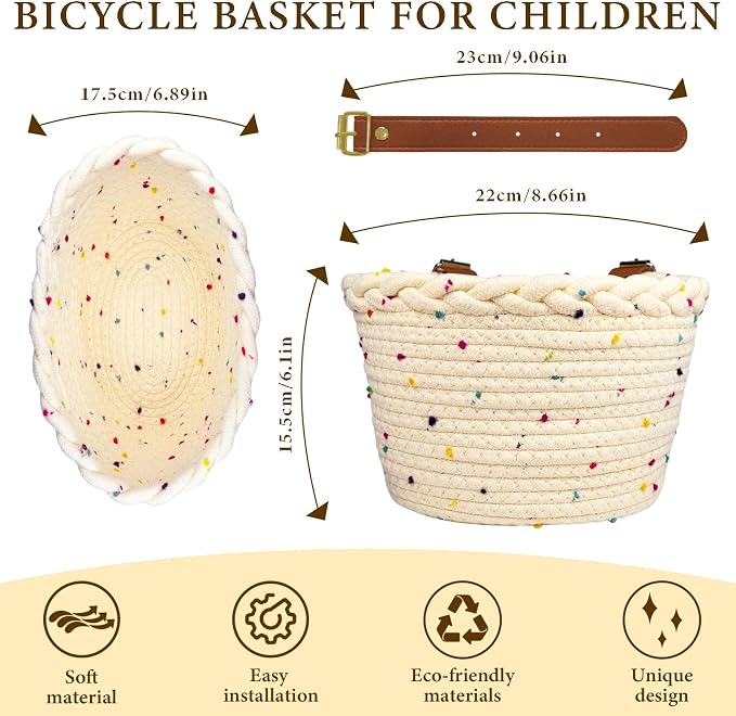 Kids Bike Basket for Girls, Front Bicycle Basket, Easy-Install Adjustable Straps for Balance Bikes Scooters