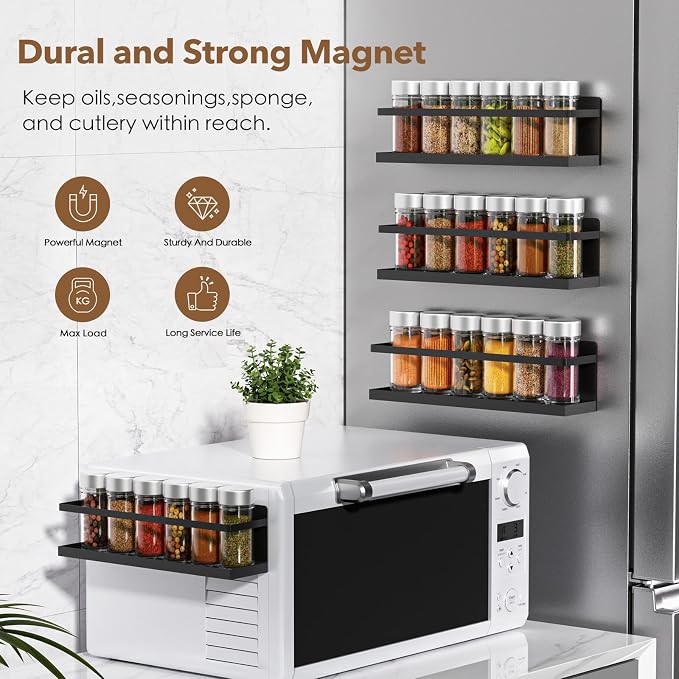 VANPET Magnetic Spice Rack for Refrigerator, Magnetic Fridge Shelf for Kitchen Spice Organizer, Spice Rack Wall Mount, Fridge Organizers and Storage (2, Black)