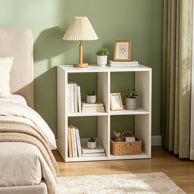 4 Cube Shelf with Anti-Tipping Kits + Reversible Open Back Bookcase, Multi Layer and Multi Grid Partition Layout (White 11in)