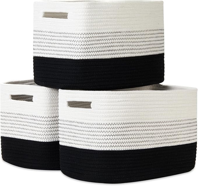 Temary Woven Storage Baskets, Set of 3 Rope Baskets for Storage Clothes, Towels, Versatile Boho Storage Bins (White&Black, 13"x9.8"x8.5")