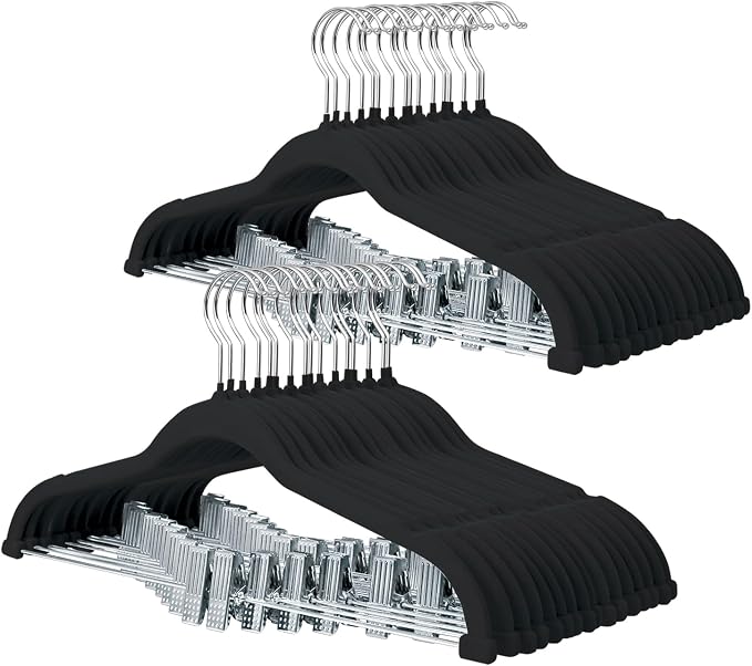 ManGotree Pants Hangers with Movable Clips, Non-Slip Velvet Skirt Hangers, Space-Saving Clothes Hangers for Pants, Skirts, Shirts, Coats, Dresses (32 Pack, Black)