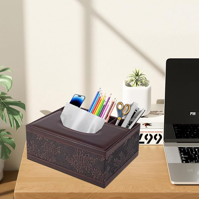 Tissue Box Cover Rectangle Retro Tissue Box Holder PU Leather Facial Tissues Organizer,Multifunctional Remote Control Stationery Storage Box,Home Office Supplies Car Napkin Caddy