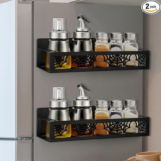 Beeveer 2 Pack Spider Web Magnetic Spice Rack for Refrigerator Metal Magnet Basket Shelf for Fridge Seasoning Storage Organizers Home Decor Kitchen Accessories (Black)