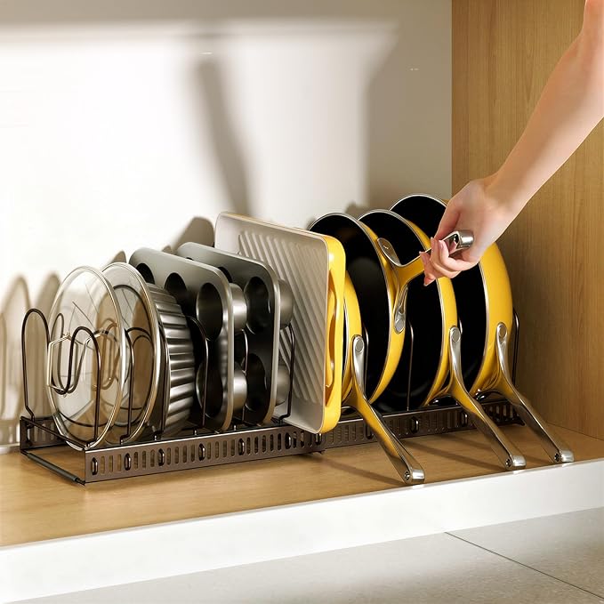 ORDORA Pots and Pans Organizer under Cabinet with Pan Holder: Expandable 11.8"-22.8" Kitchen Cabinet Organizer Rack, 12 Adjustable Dividers Storage for Cookie Sheets, Cutting Boards & Lid, Bronze