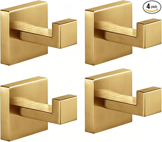 Kruodop 4 PCS Towel Hooks for Bathroom, Wall Mount Towel Holder, Black Matte Wall Robe Hook,Square Stainless Steel Door Hanger Towel Hook for Kitchen, Bedroom,Hotel,Pool,Coats（Gold）