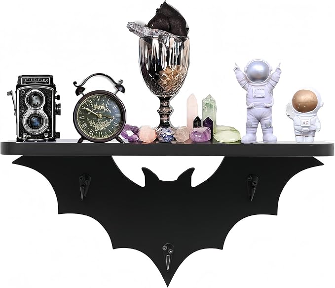 Bat Shelf Floating Shelves for Wall,15.5 inch Wall Shelf with 3 Key Hooks,Black Shelves for Living Room Bedroom Kitchen Gothroom