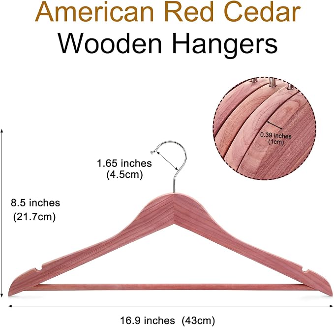 TOPIA HANGER 20-Pack American Red Cedar Wooden Hangers, Clothes Hangers for Closet, Wood Coat Hanger with Smooth Cut Notches, 360° Swivel Hook, Non-Slip Pants Bar-CT54C20