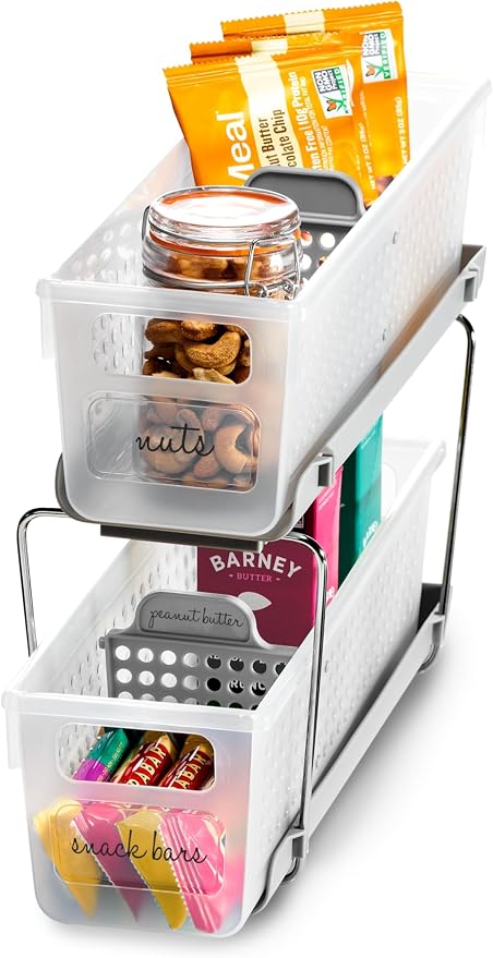 madesmart Mini 2-Tier Organizer, Multi-Purpose Slide-Out Storage with Handles and Dividers for Home and Bath, Frost