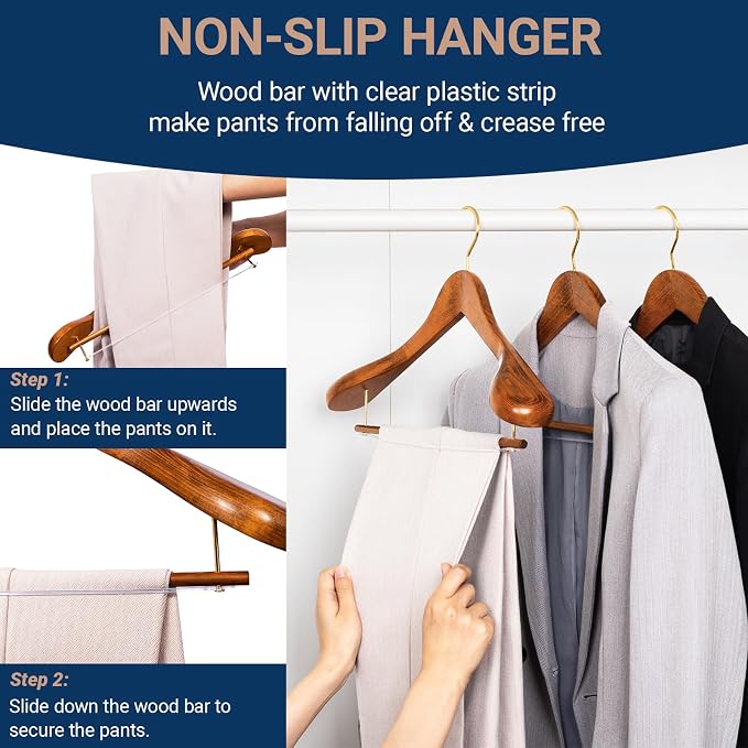 Amber Home 6 Pack Wide Shoulder Wooden Suit Hangers, Vintage | Antique Wood Coat Hangers with Non Slip Pants Bar, Clothes Hangers for Jackets, Sweaters, Pants & Heavy Clothes